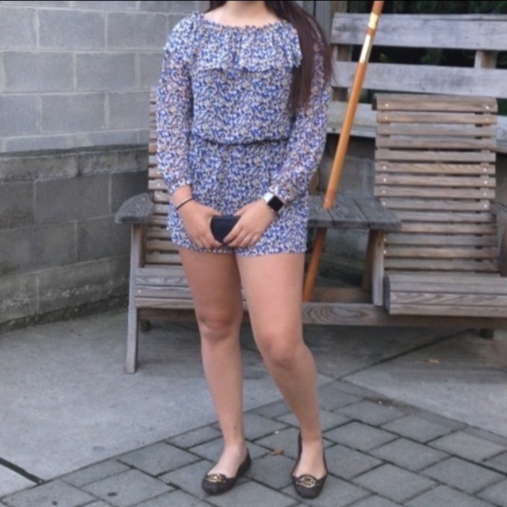 Michael kors blue and yellow floral off the shoulder long sleeve romper